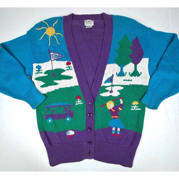VTG Koret Sport Petites Golf Cardigan Embroidered Knit Sweater Colorful 90s EUC‎ - Picture 7 of 7